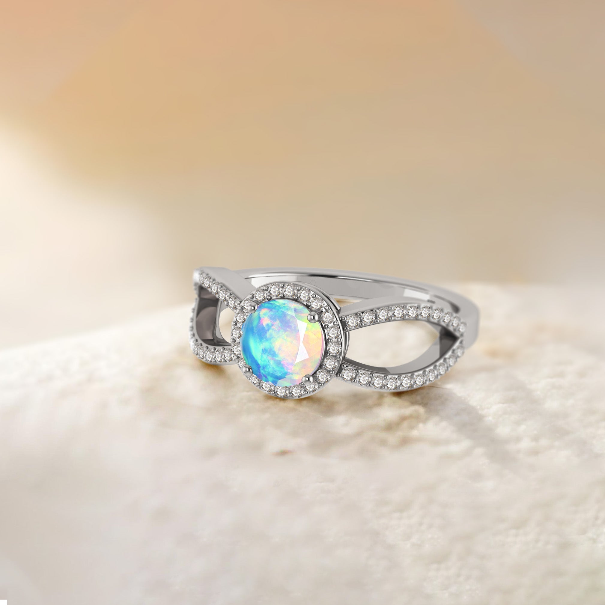 Natural Sparkling White Opal Halo Engagement Ring - Goodstone Jewels