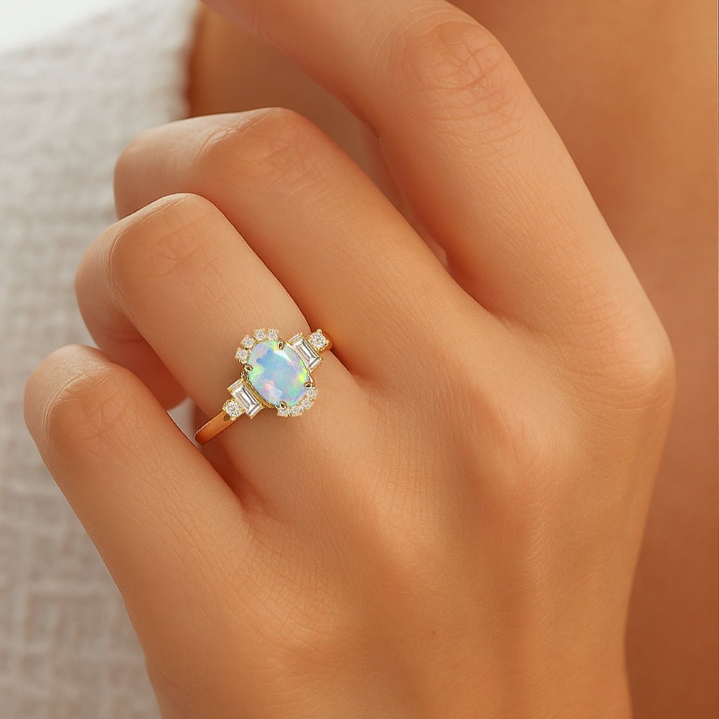 Natural White Fire Opal Halo Wedding Ring - Goodstone Jewels