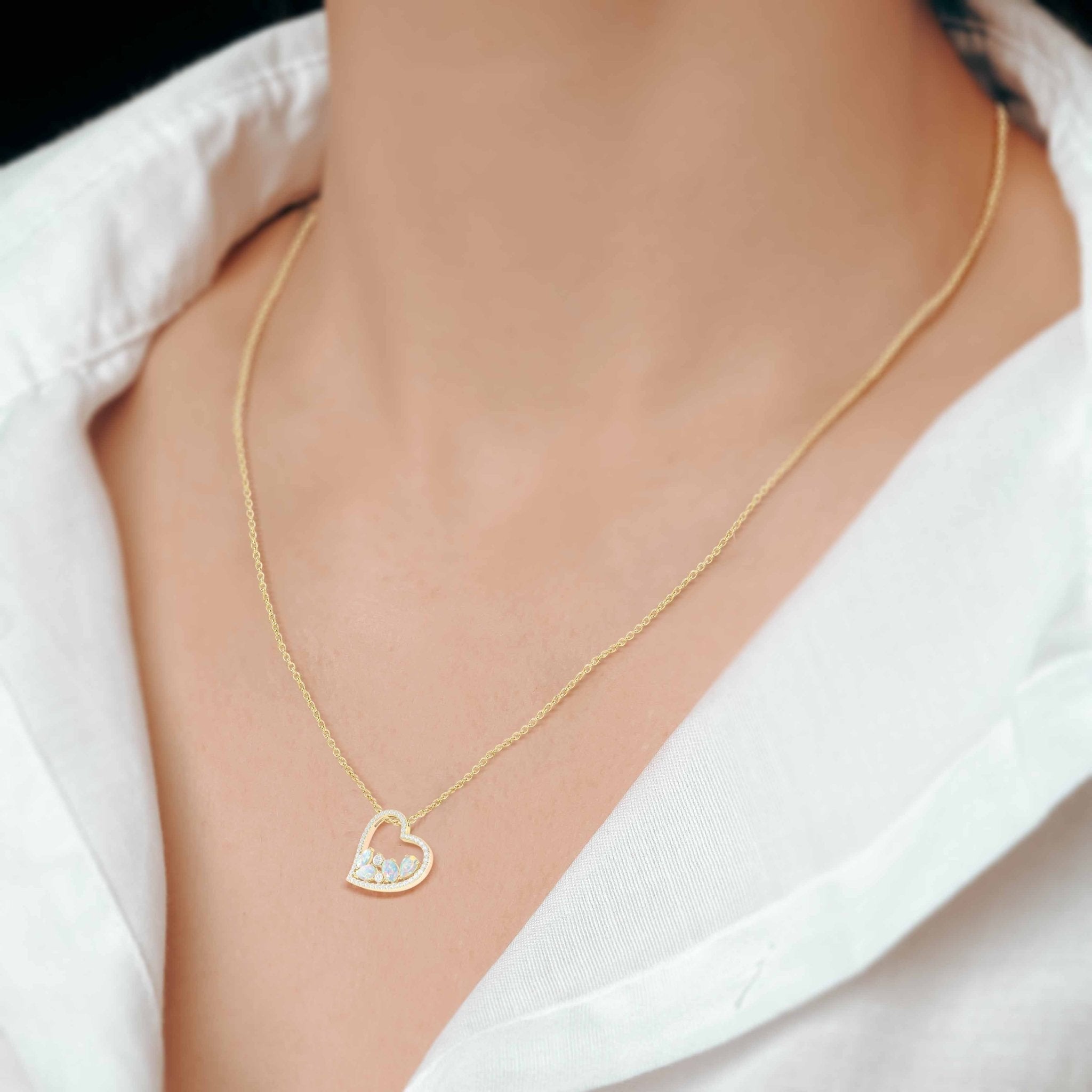 Natural White Opal 4 Stone Heart Chain Pendant Necklace - Goodstone Jewels