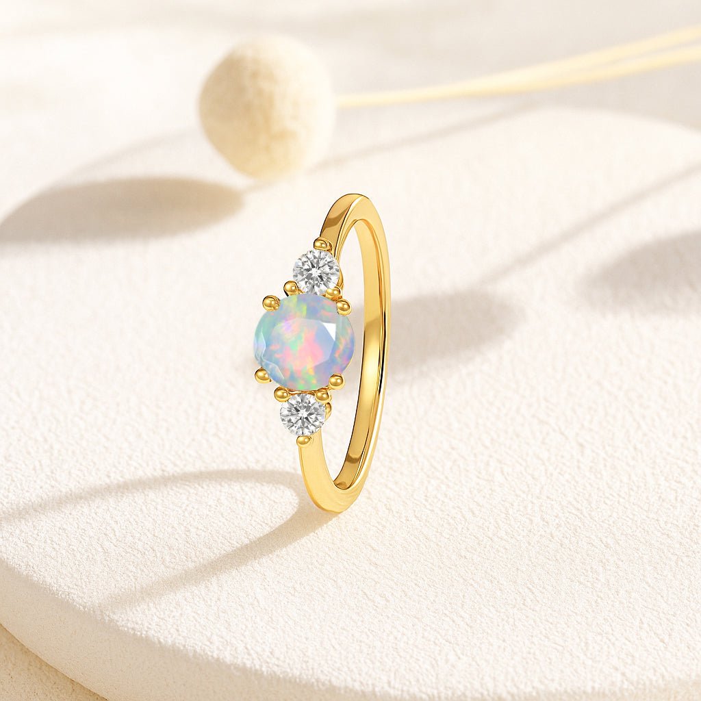 Natural White Opal and Cubic Zircon Birthstone Trilogy Ring - Goodstone Jewels