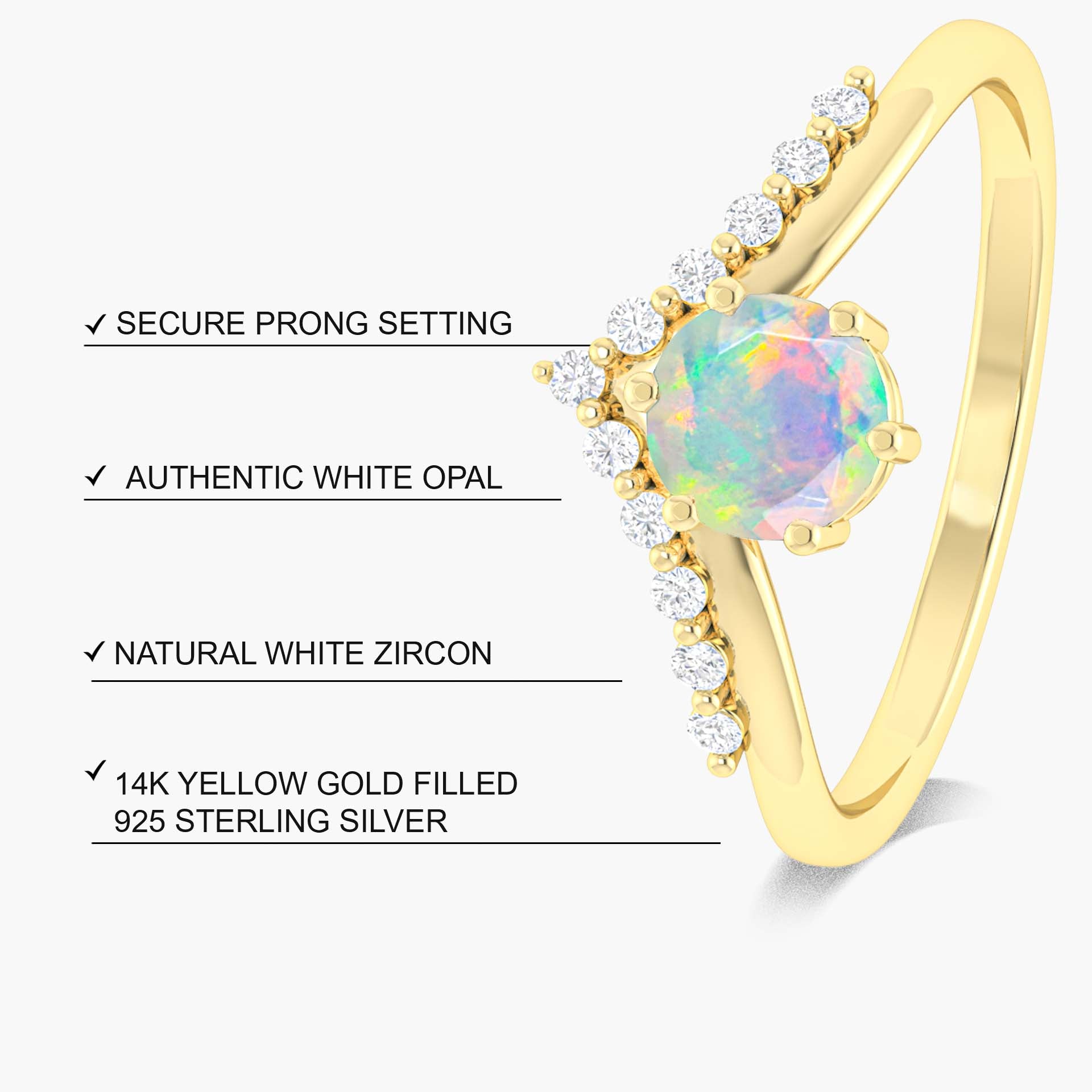 Natural White Opal and White Zircon Sparkling Wishbone Ring - Goodstone Jewels