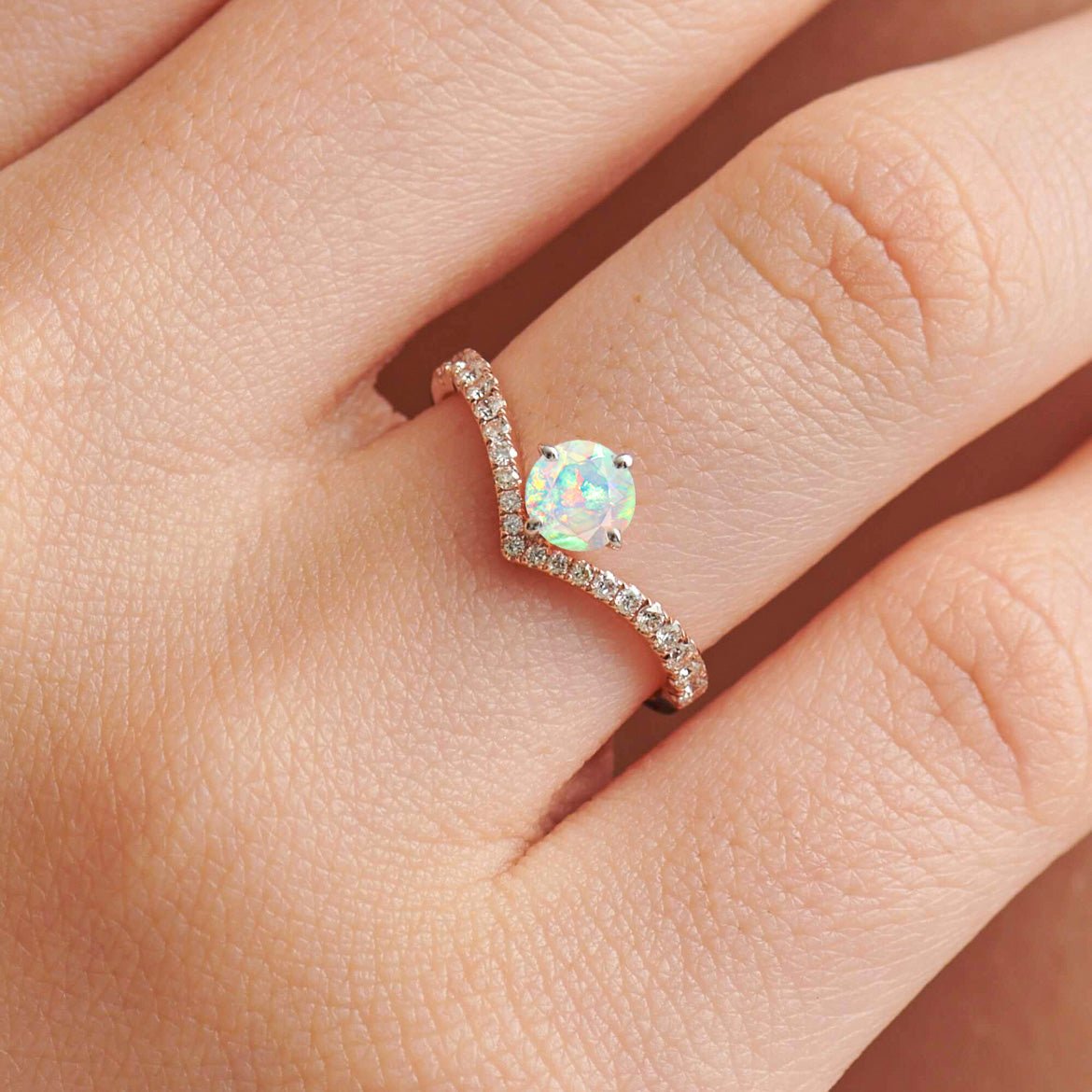 Natural White Opal and White Zircon Sparkling Wishbone Ring - Goodstone Jewels