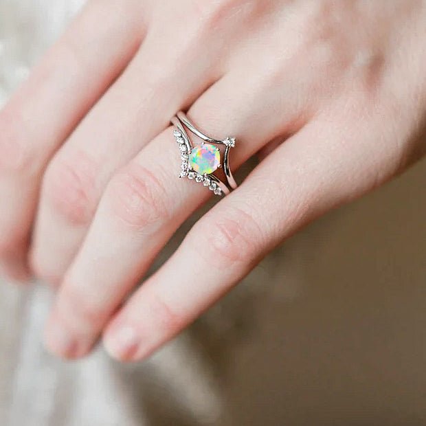 Natural White Opal and White Zircon Sparkling Wishbone Ring - Goodstone Jewels