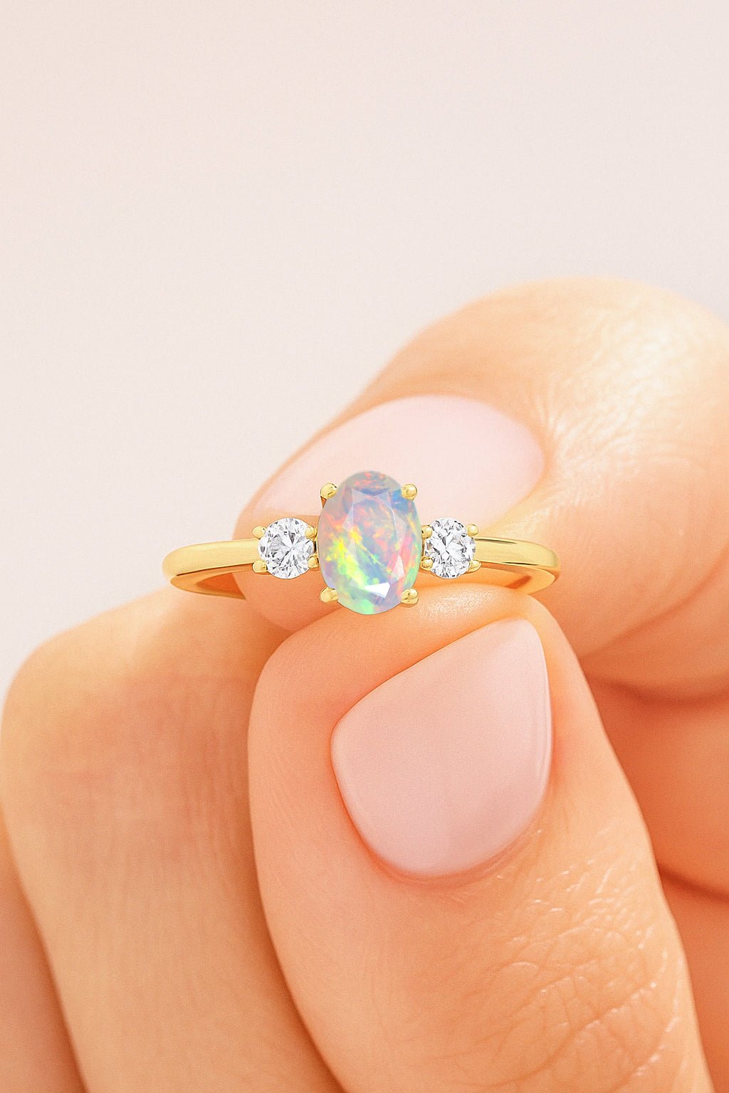 Natural White Opal and Zircon Engagement Three Stone Ring - Goodstone Jewels