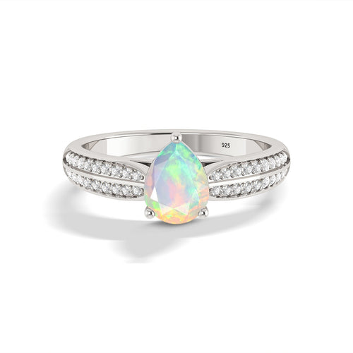 Natural White Opal and Zircon Solitaire with Accents Ring