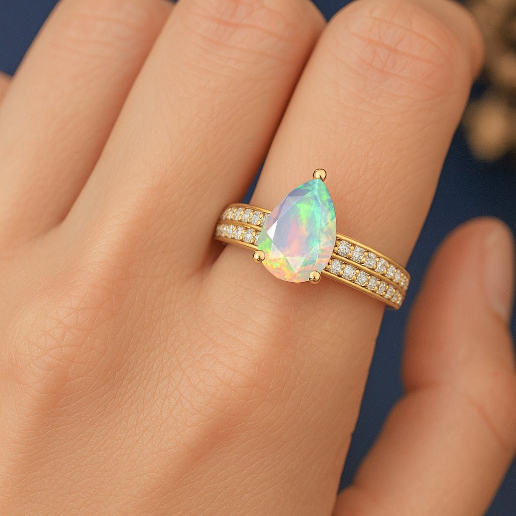 Natural White Opal and Zircon Solitaire with Accents Ring - Goodstone Jewels
