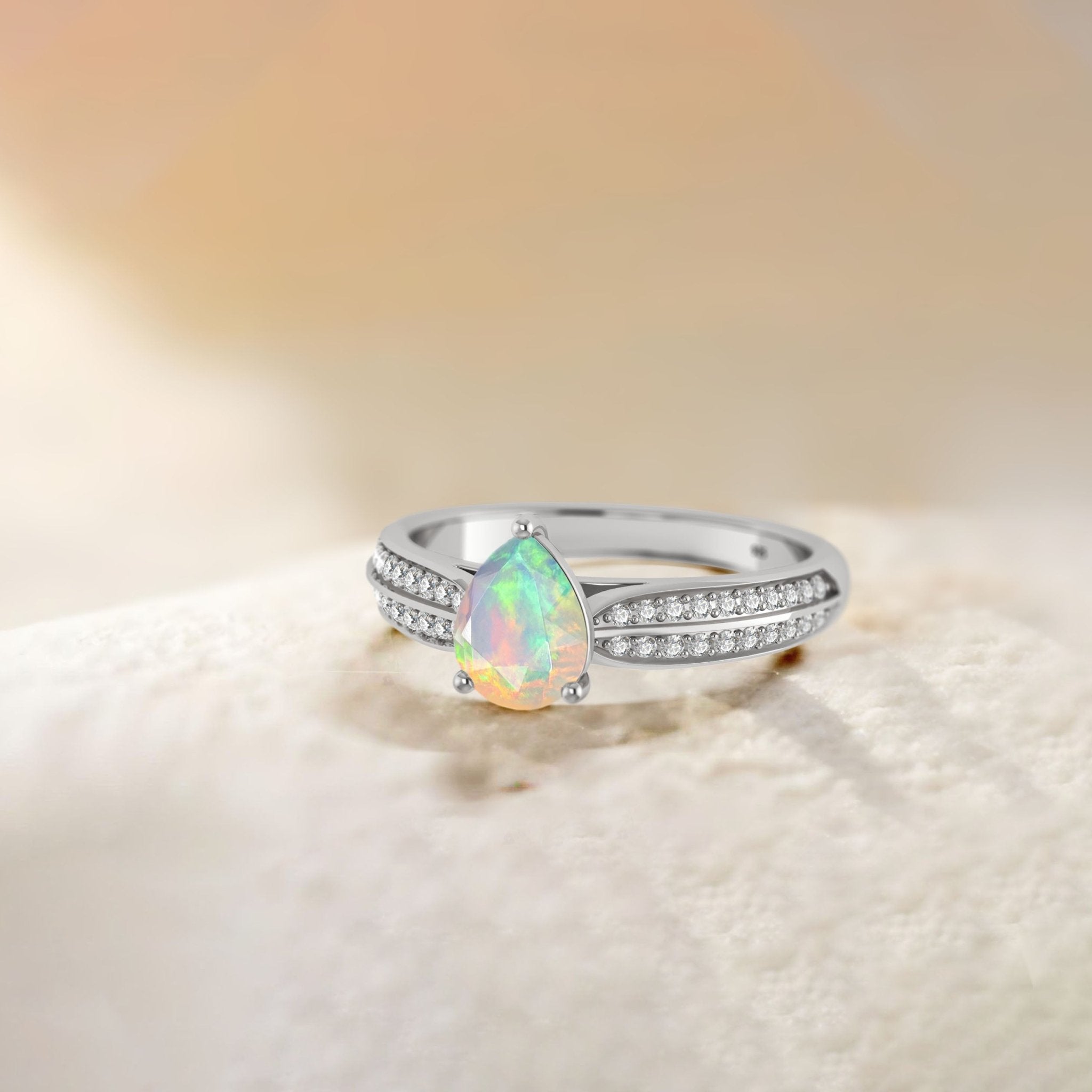 Natural White Opal and Zircon Solitaire with Accents Ring - Goodstone Jewels