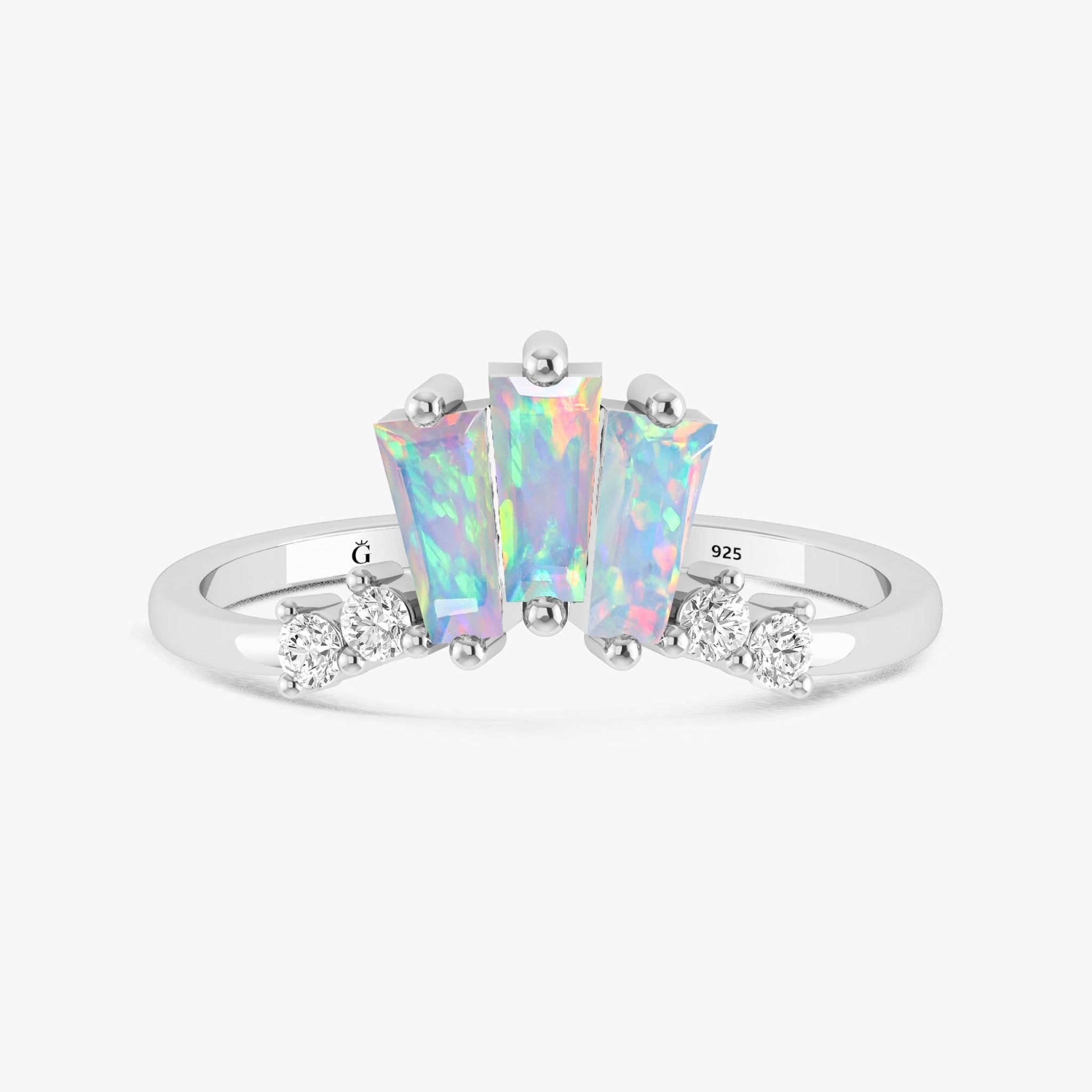 Natural White Opal Baguette Stone Wishbone Crown Style Ring - Goodstone Jewels