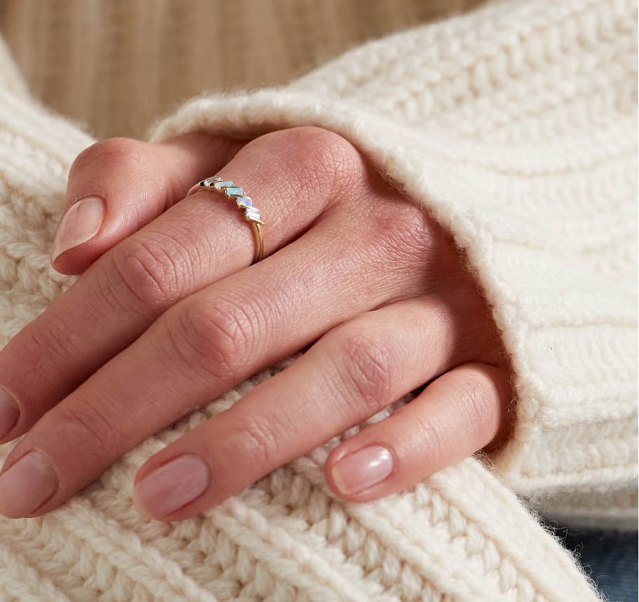 Natural White Opal Baguette Style Three Stone Ring in Gold Filled & Sterling Silver - Goodstone Jewels