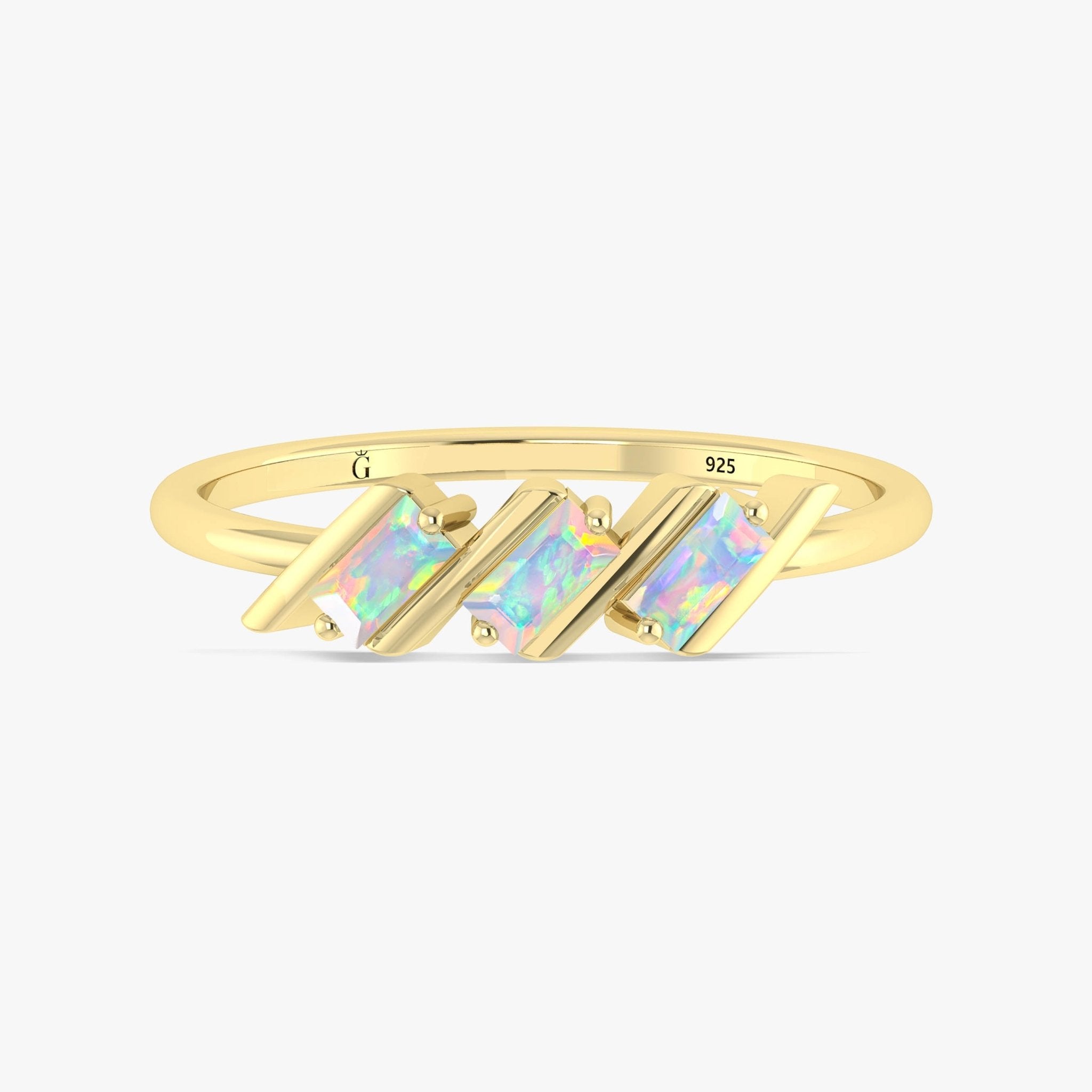 Natural White Opal Baguette Style Three Stone Ring in Gold Filled & Sterling Silver - Goodstone Jewels