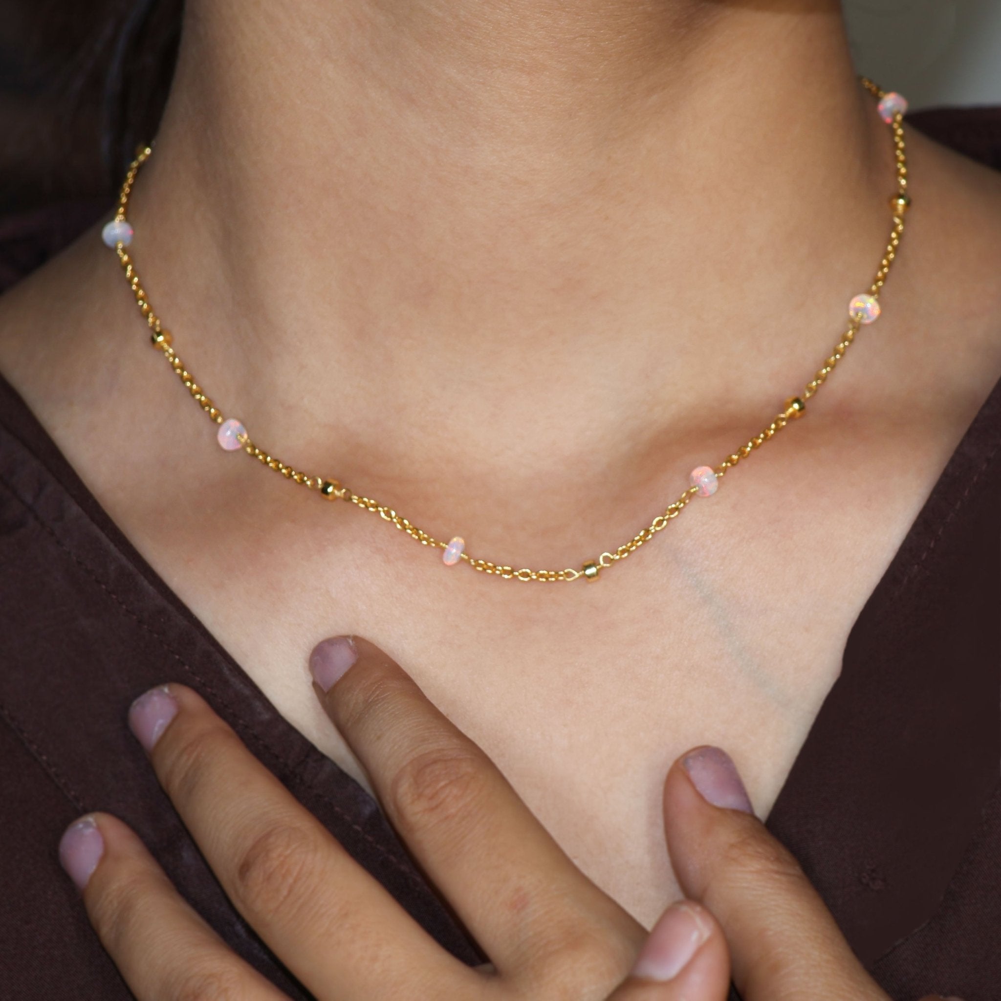 Natural White Opal Beaded Chain Necklace for Women - Goodstone Jewels