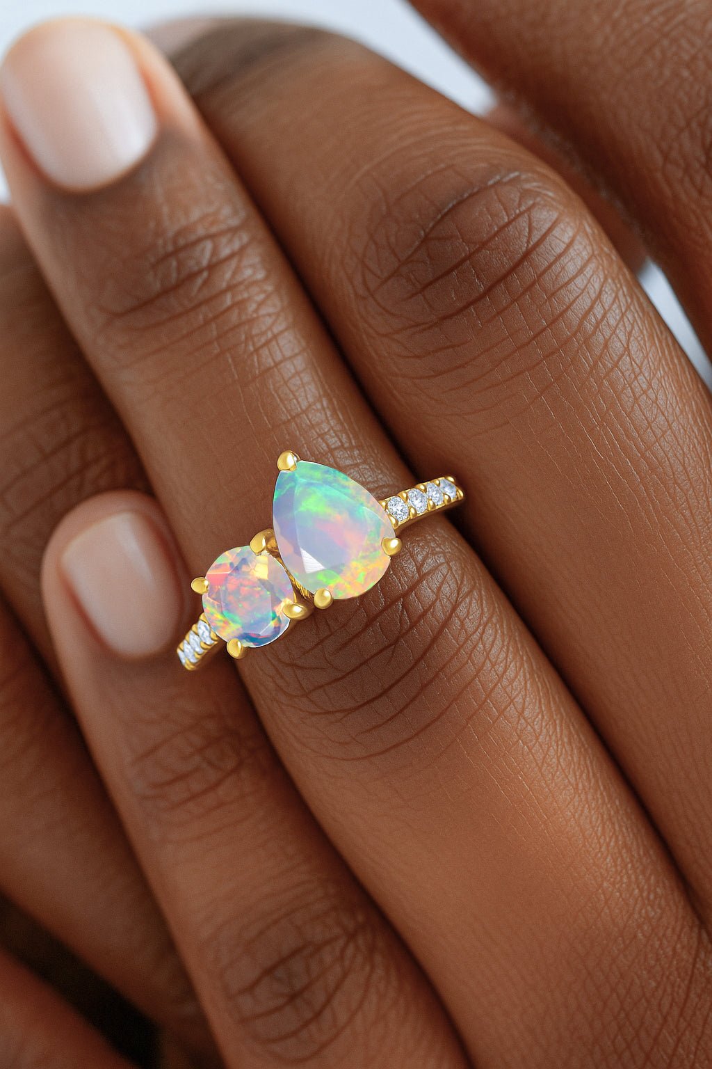 Natural White Opal Dual Stone Promise Ring For Her - Goodstone Jewels