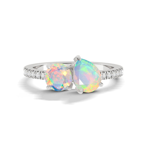 Natural White Opal Two Stone Promise Ring For Her