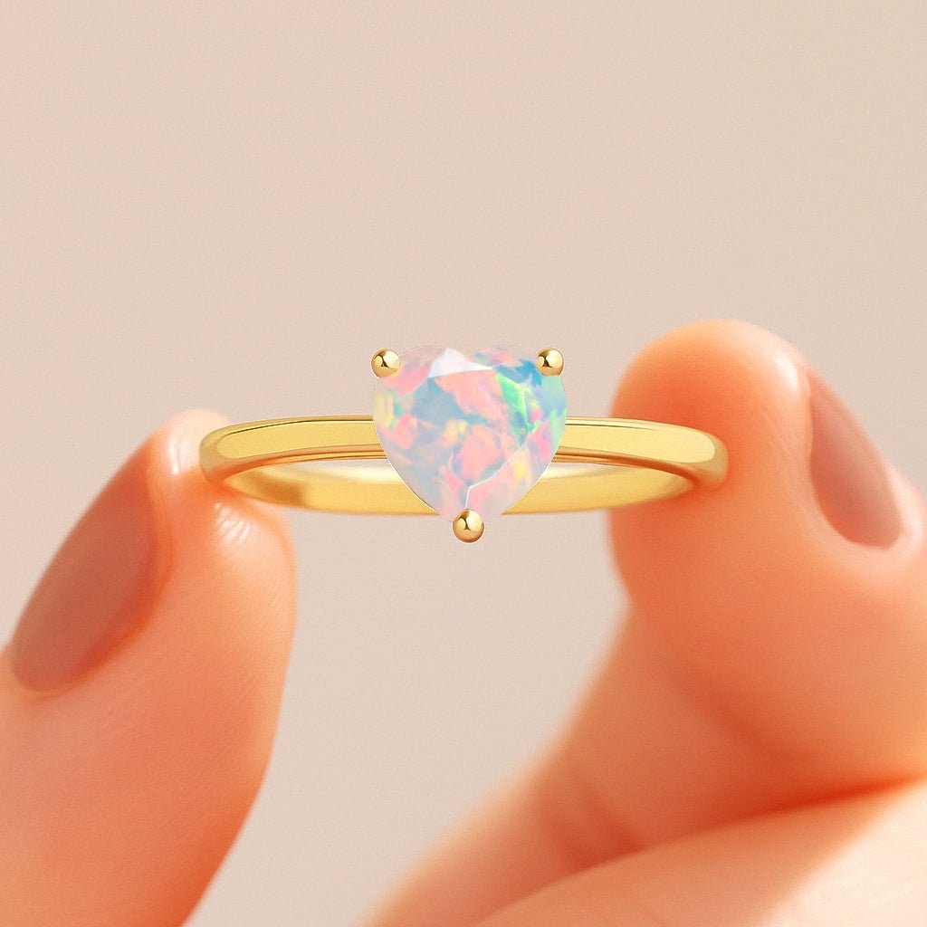 Natural White Opal Gemstone Heart Ring in Yellow Gold Filled & 925 Silver - Goodstone Jewels
