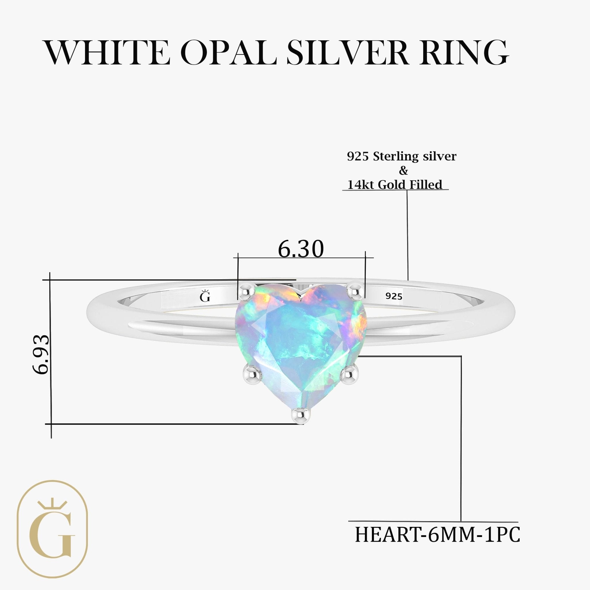 Natural White Opal Gemstone Heart Ring in Yellow Gold Filled & 925 Silver - Goodstone Jewels