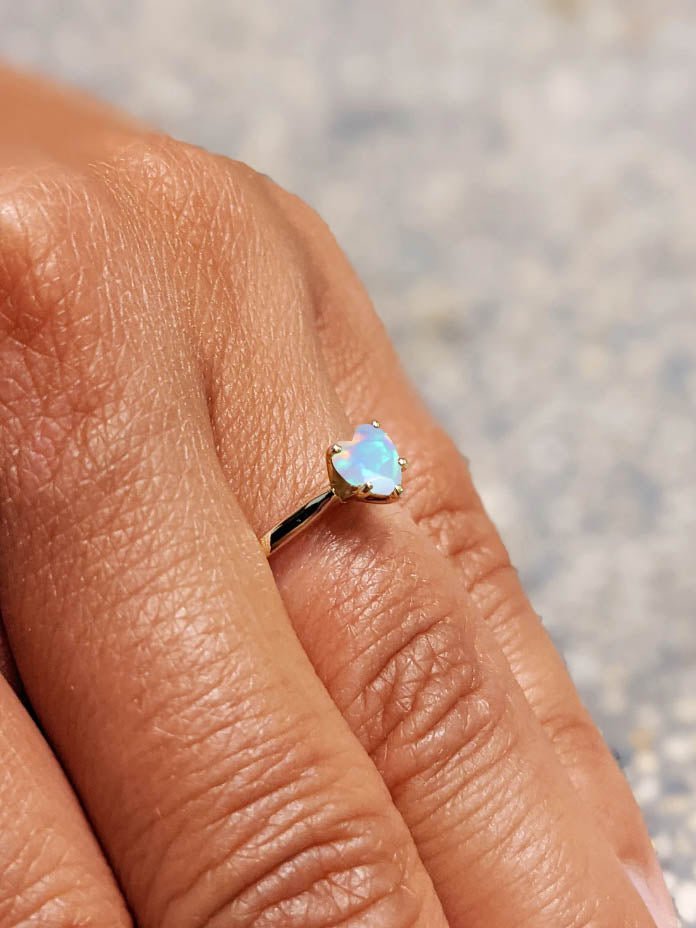 Natural White Opal Gemstone Heart Ring in Yellow Gold Filled & 925 Silver - Goodstone Jewels