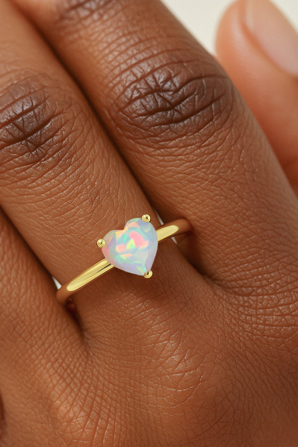 Natural White Opal Gemstone Heart Ring in Yellow Gold Filled & 925 Silver - Goodstone Jewels