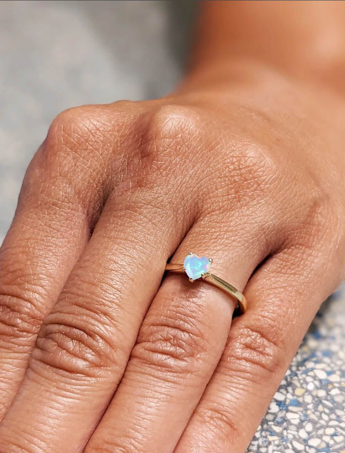 Natural White Opal Gemstone Heart Ring in Yellow Gold Filled & 925 Silver - Goodstone Jewels