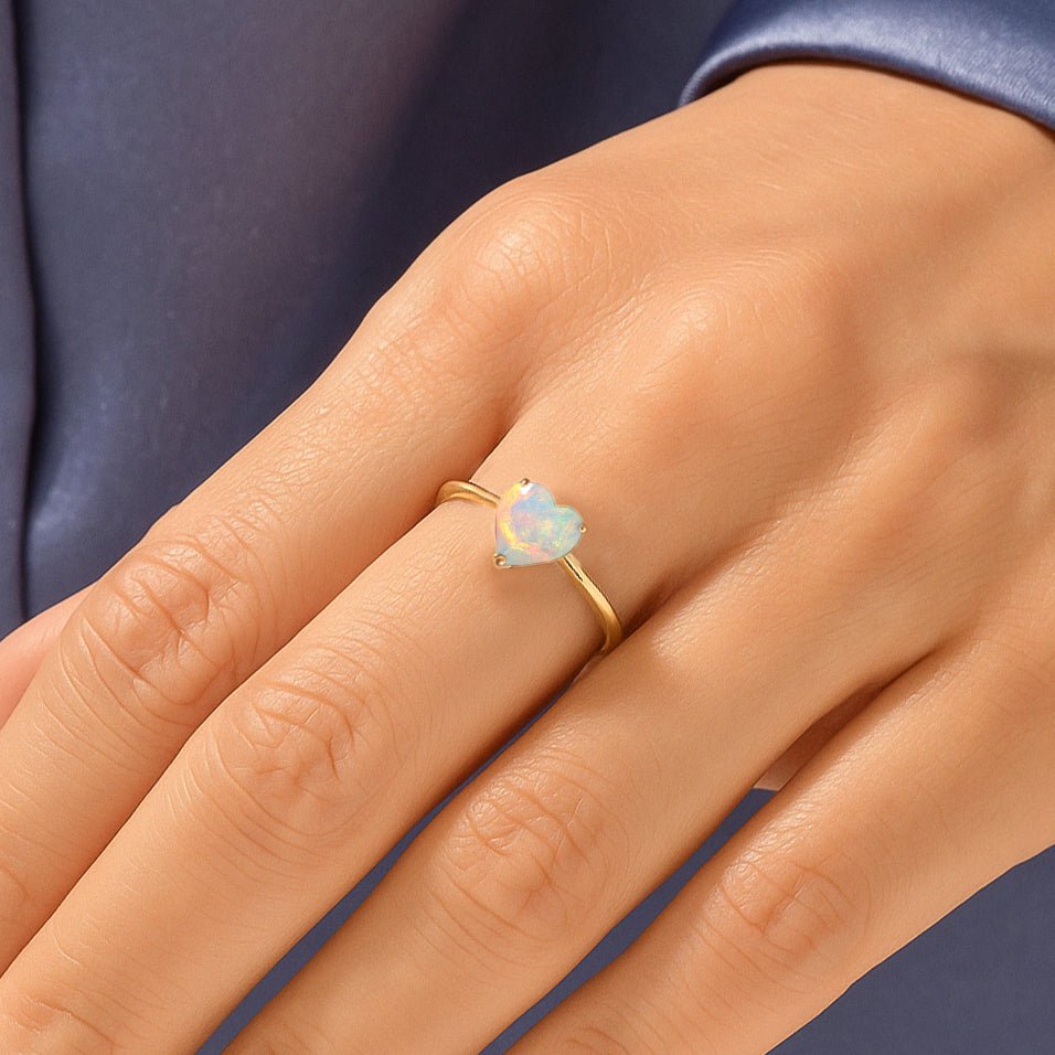 Natural White Opal Gemstone Heart Ring in Yellow Gold Filled & 925 Silver - Goodstone Jewels