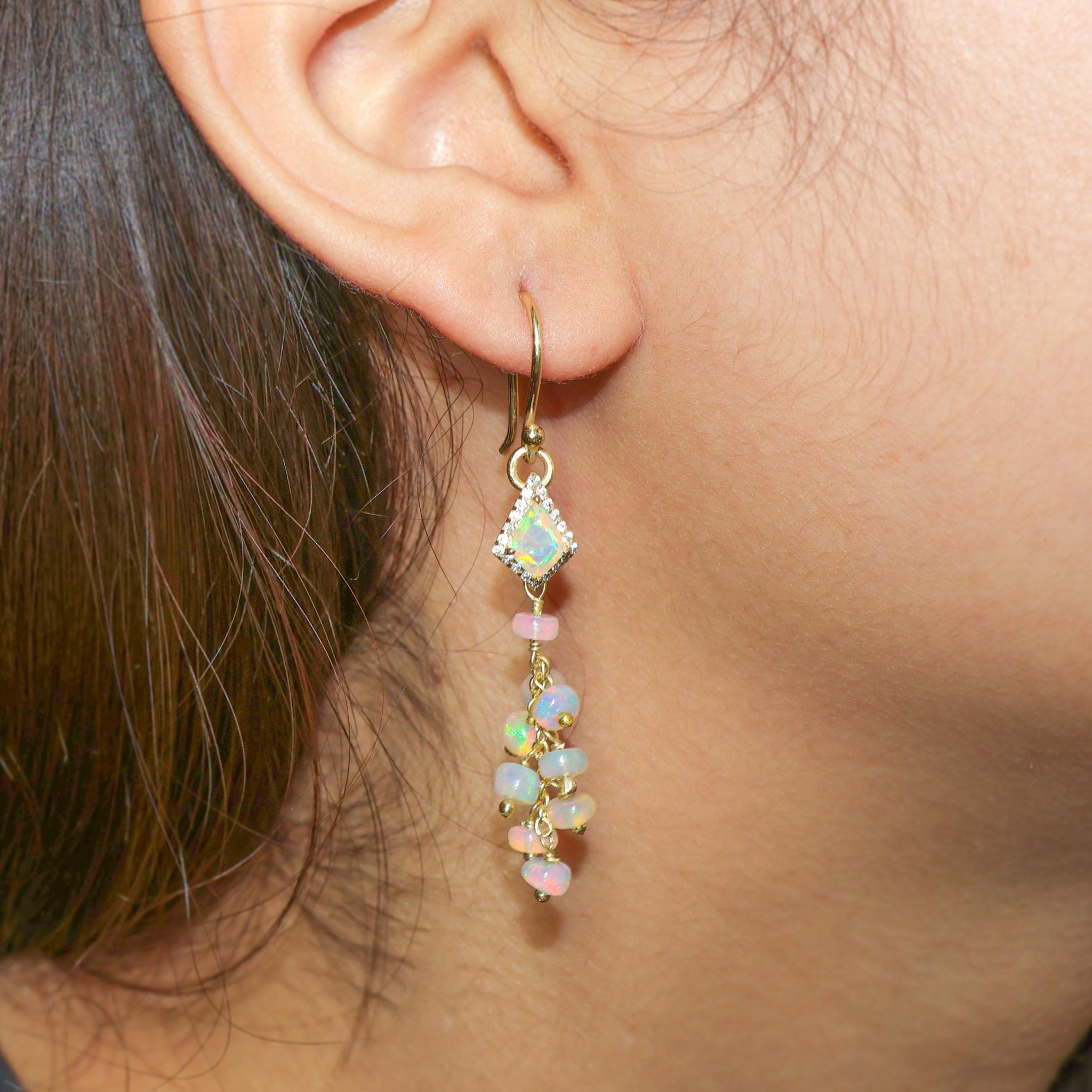 Natural White Opal Kite Charm Beaded Cluster Earrings - Goodstone Jewels