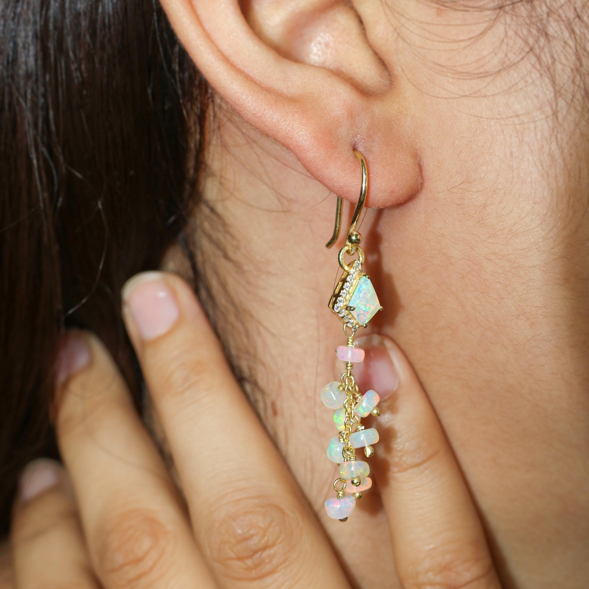 Natural White Opal Kite Charm Beaded Cluster Earrings - Goodstone Jewels