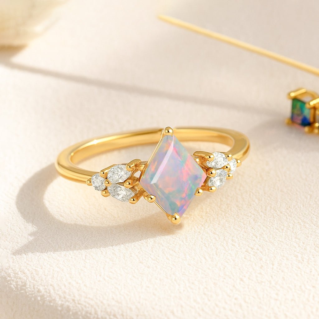 Natural White Opal Kite Shape Faceted Cut Designer Ring with Cubic Zircon - Goodstone Jewels