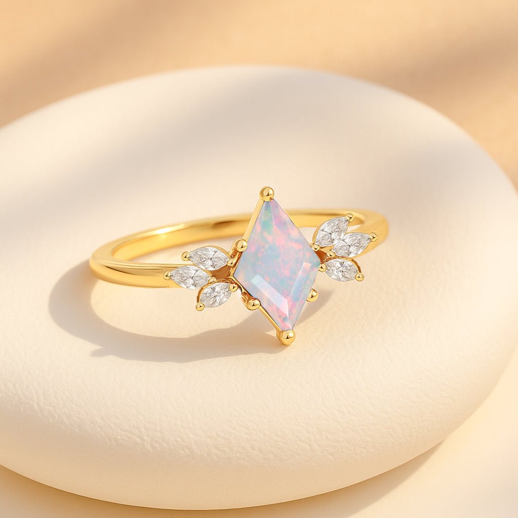 Natural White Opal Kite Shape Solitaire Ring 8X6MM Faceted Cut - Goodstone Jewels