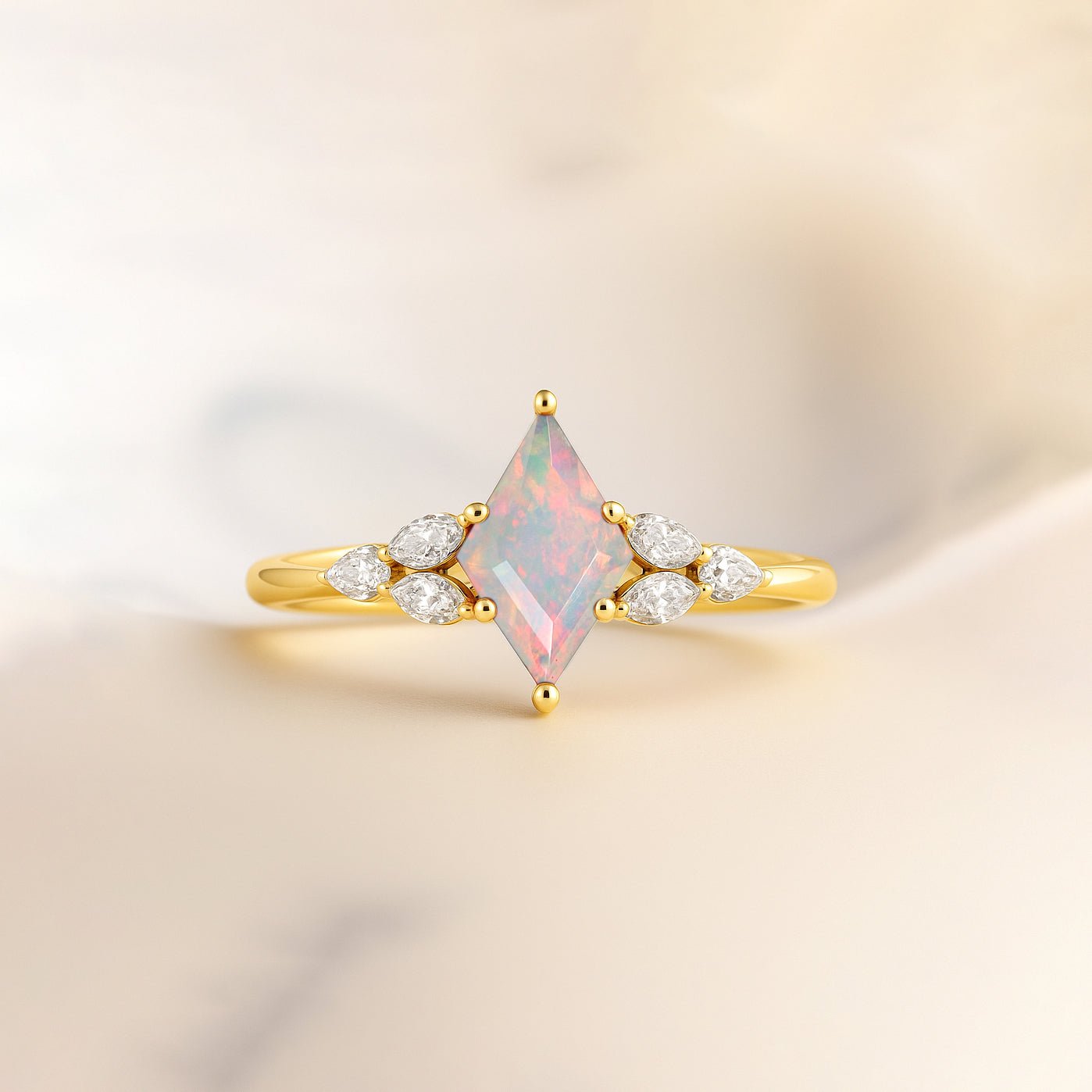 Natural White Opal Kite Shape Solitaire Ring 8X6MM Faceted Cut - Goodstone Jewels