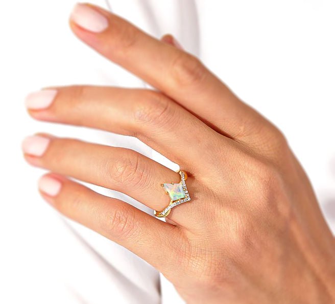 Natural White Opal Kite Shape Wishbone Ring - Goodstone Jewels