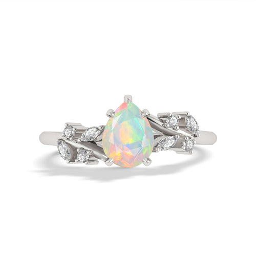 Natural White Opal Leaf Style Solitaire Ring For Her