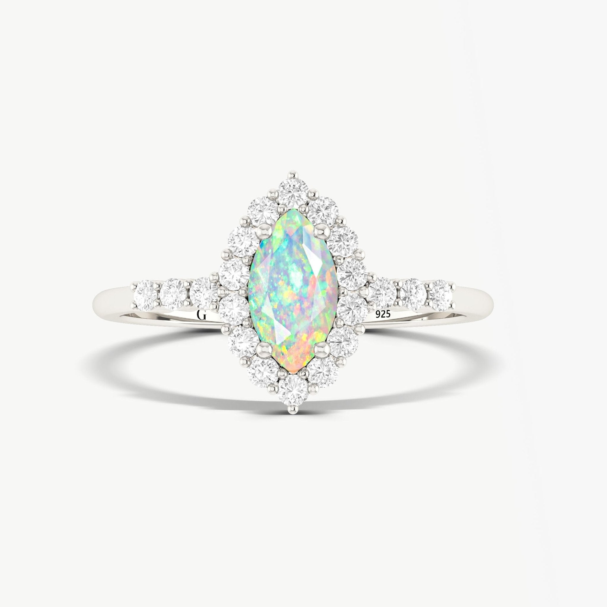 Natural White Opal Marquise Shape Halo Wedding Ring - Goodstone Jewels