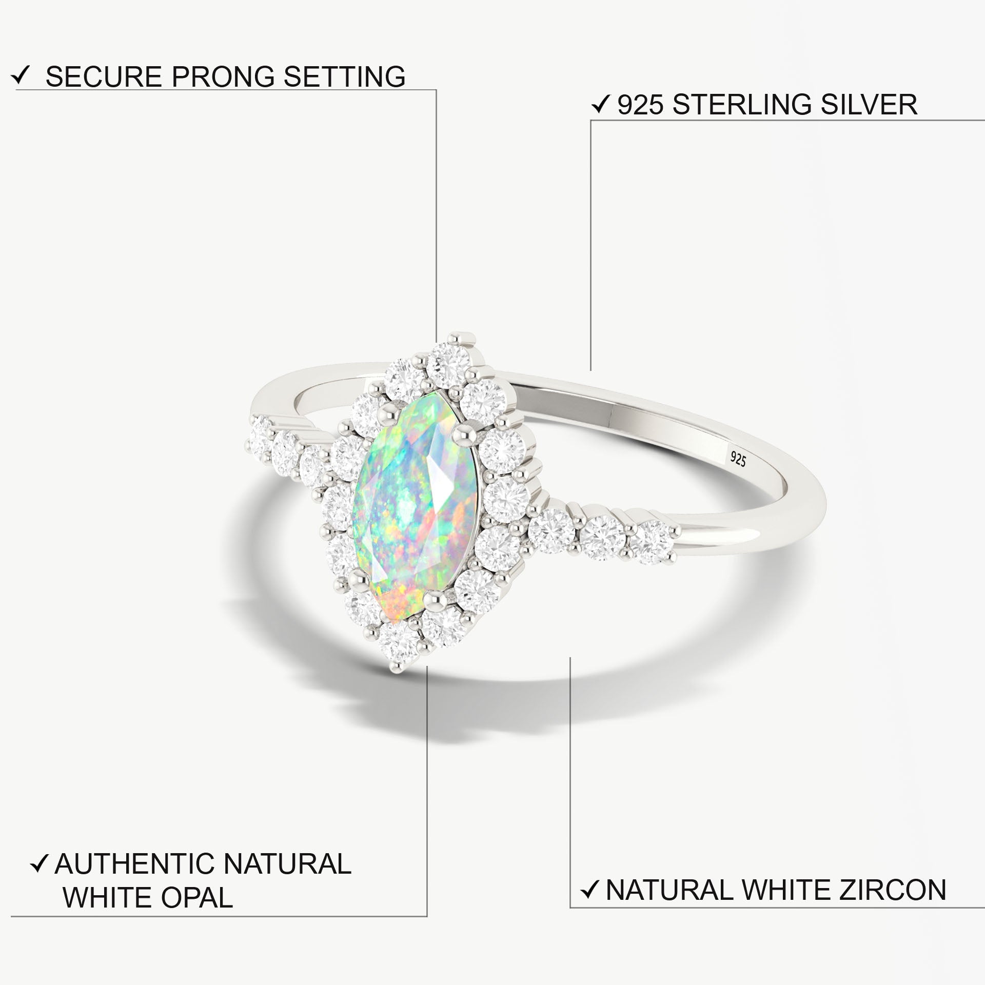 Natural White Opal Marquise Shape Halo Wedding Ring - Goodstone Jewels