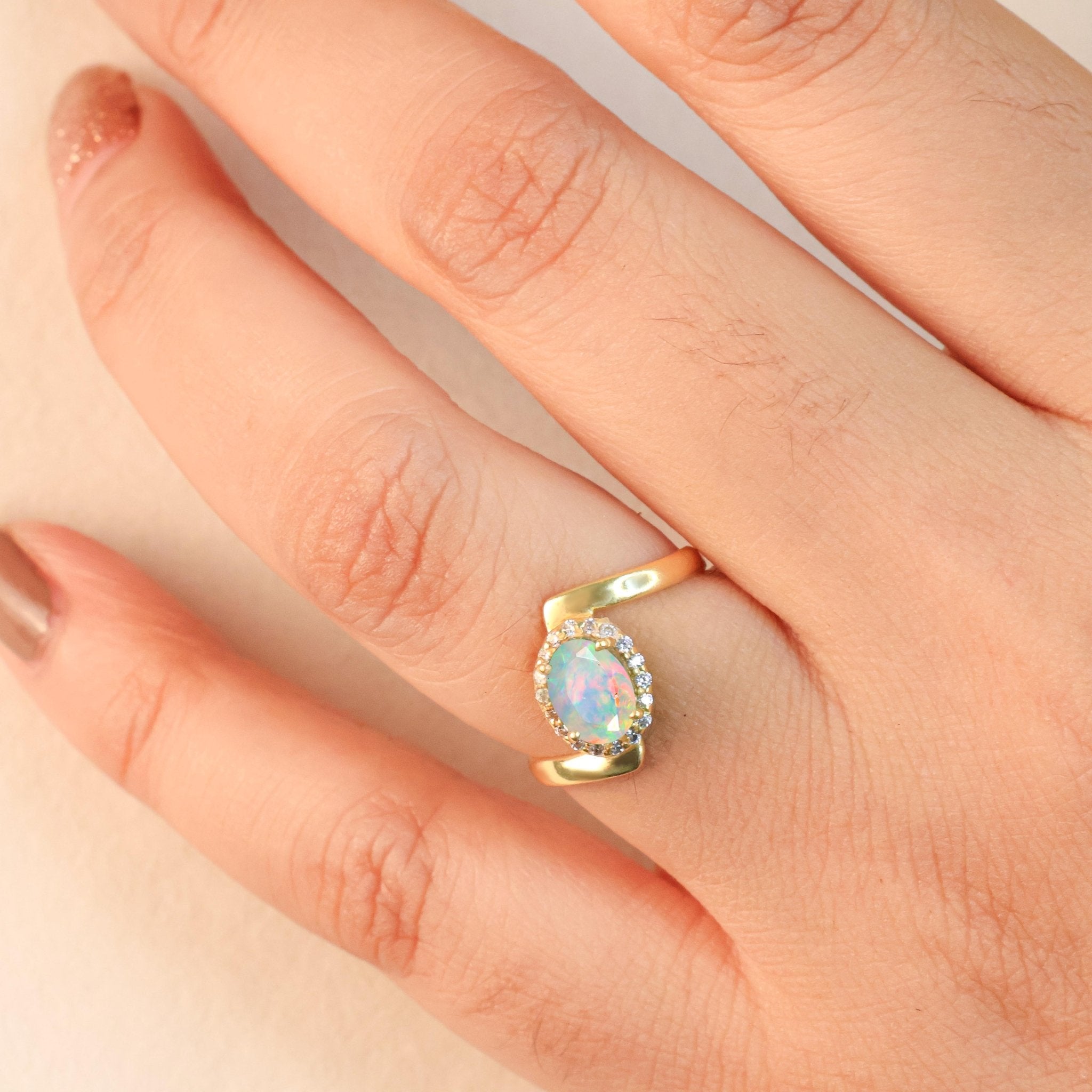 Natural White Opal Oval Shape Bypass Halo Ring - Goodstone Jewels