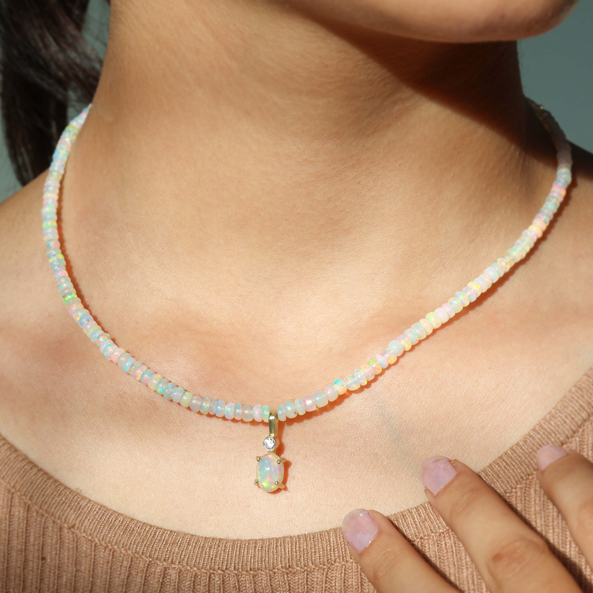 Natural White Opal Oval Shape with Zircon Beaded Necklace - Goodstone Jewels