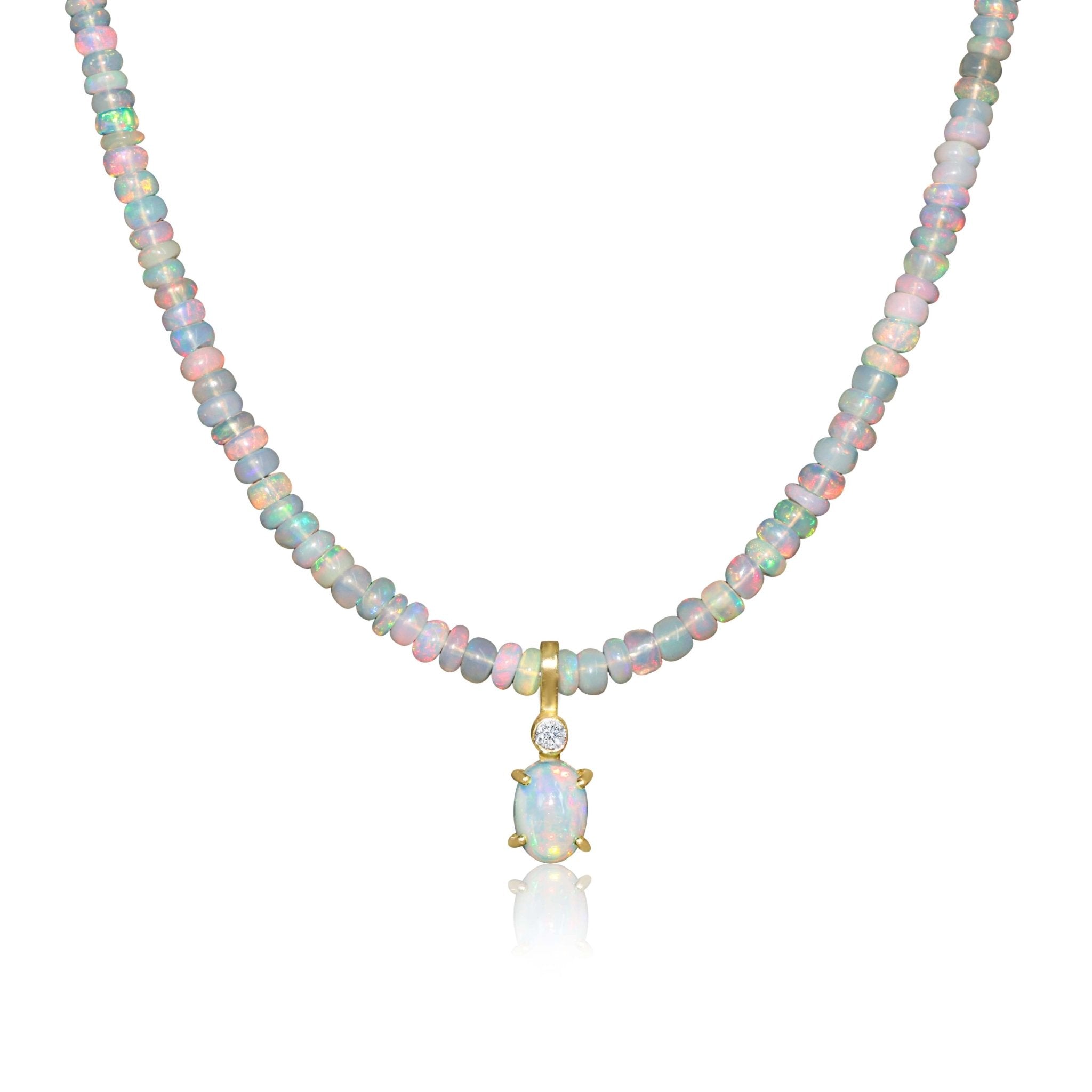 Natural White Opal Oval Shape with Zircon Beaded Necklace - Goodstone Jewels