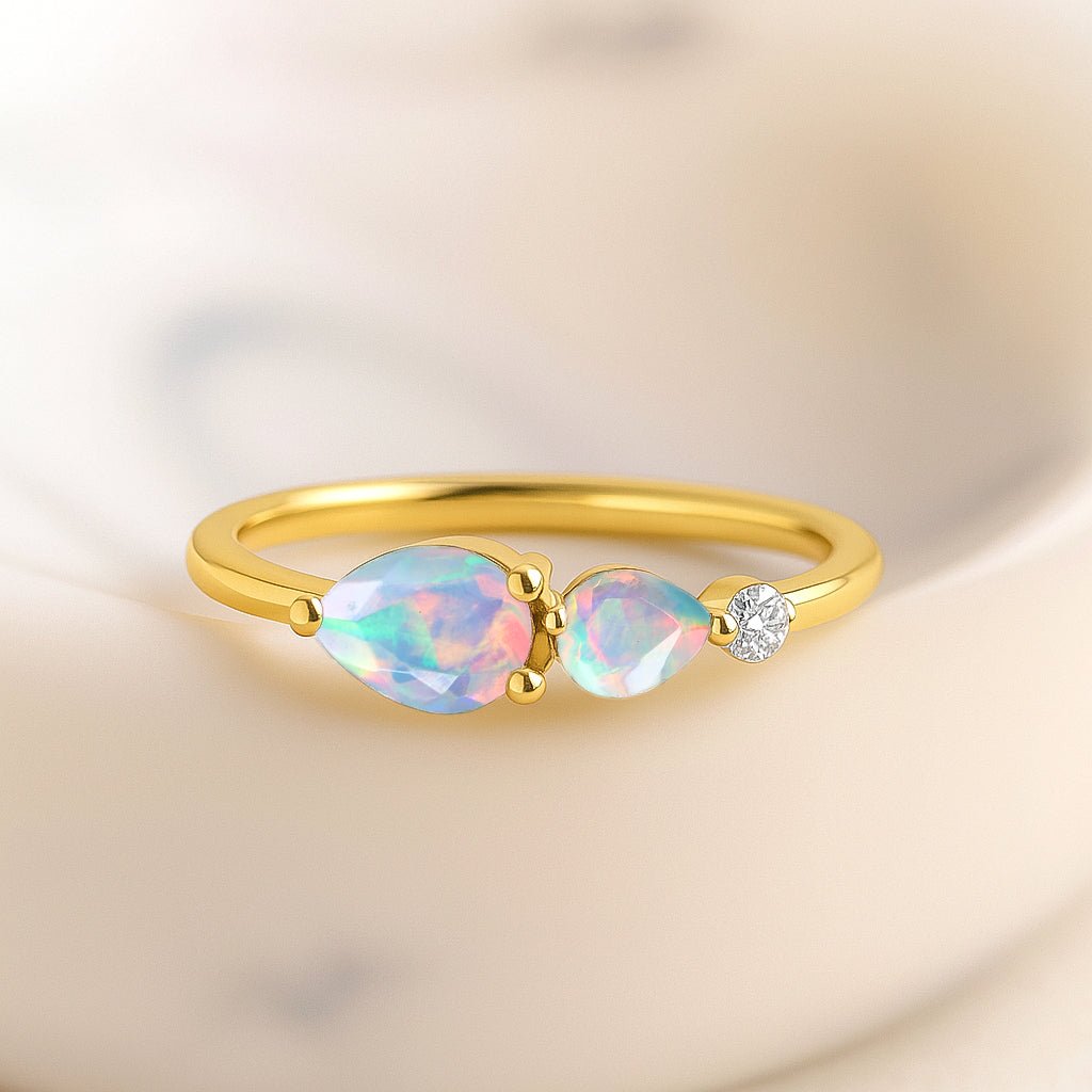 Natural White Opal Pear Shape Two Stone Ring in Yellow Gold Filled & Silver - Goodstone Jewels