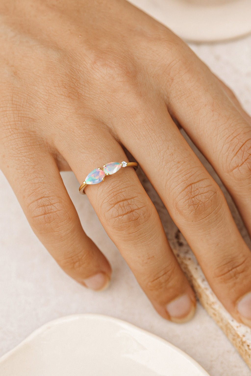 Natural White Opal Pear Shape Two Stone Ring in Yellow Gold Filled & Silver - Goodstone Jewels