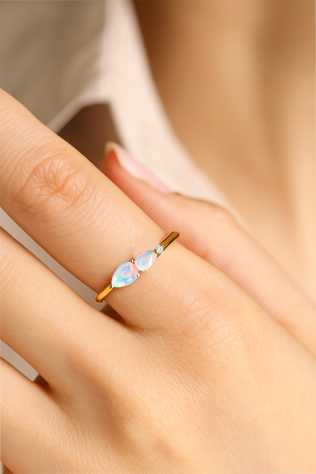 Natural White Opal Pear Shape Two Stone Ring in Yellow Gold Filled & Silver - Goodstone Jewels
