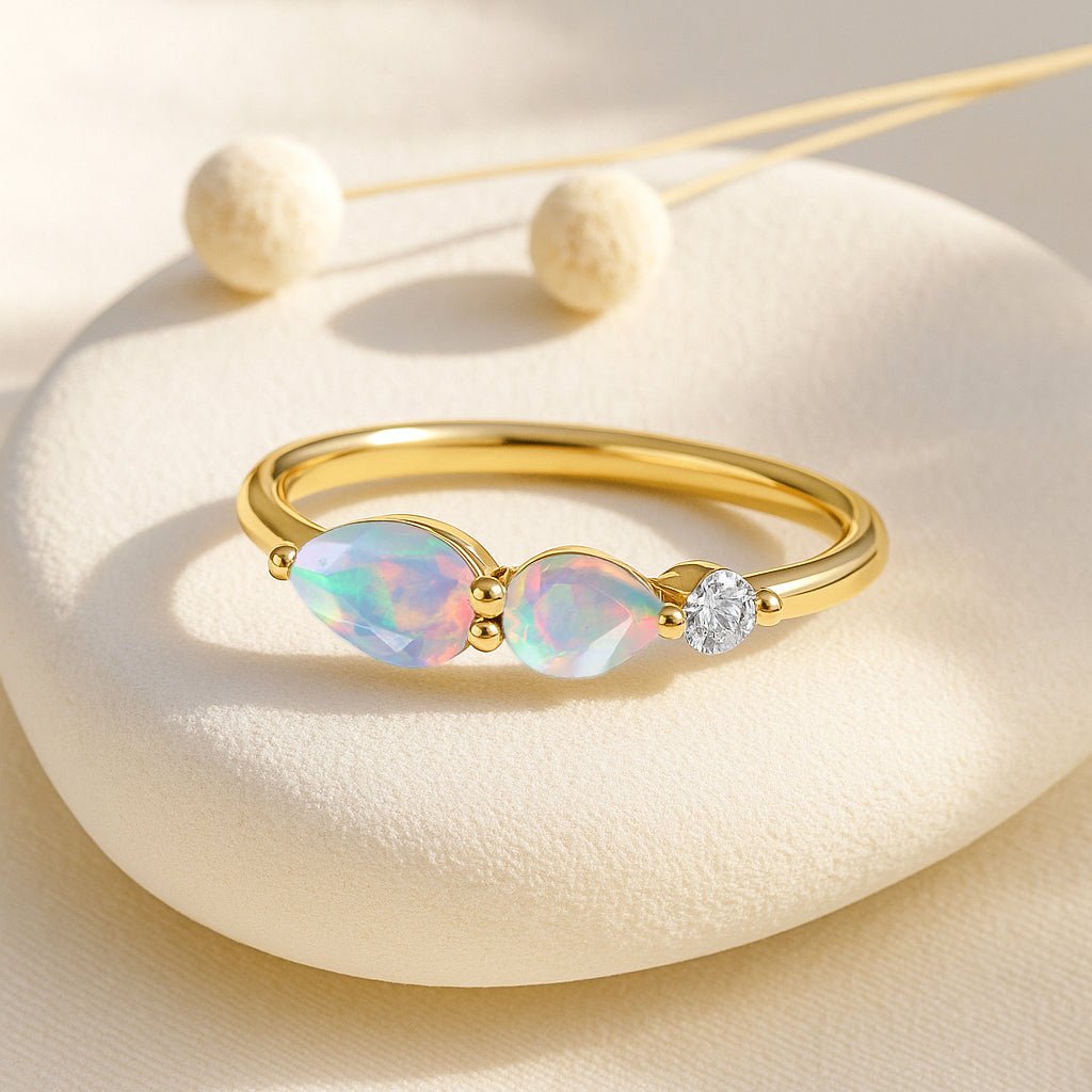Natural White Opal Pear Shape Two Stone Ring in Yellow Gold Filled & Silver - Goodstone Jewels