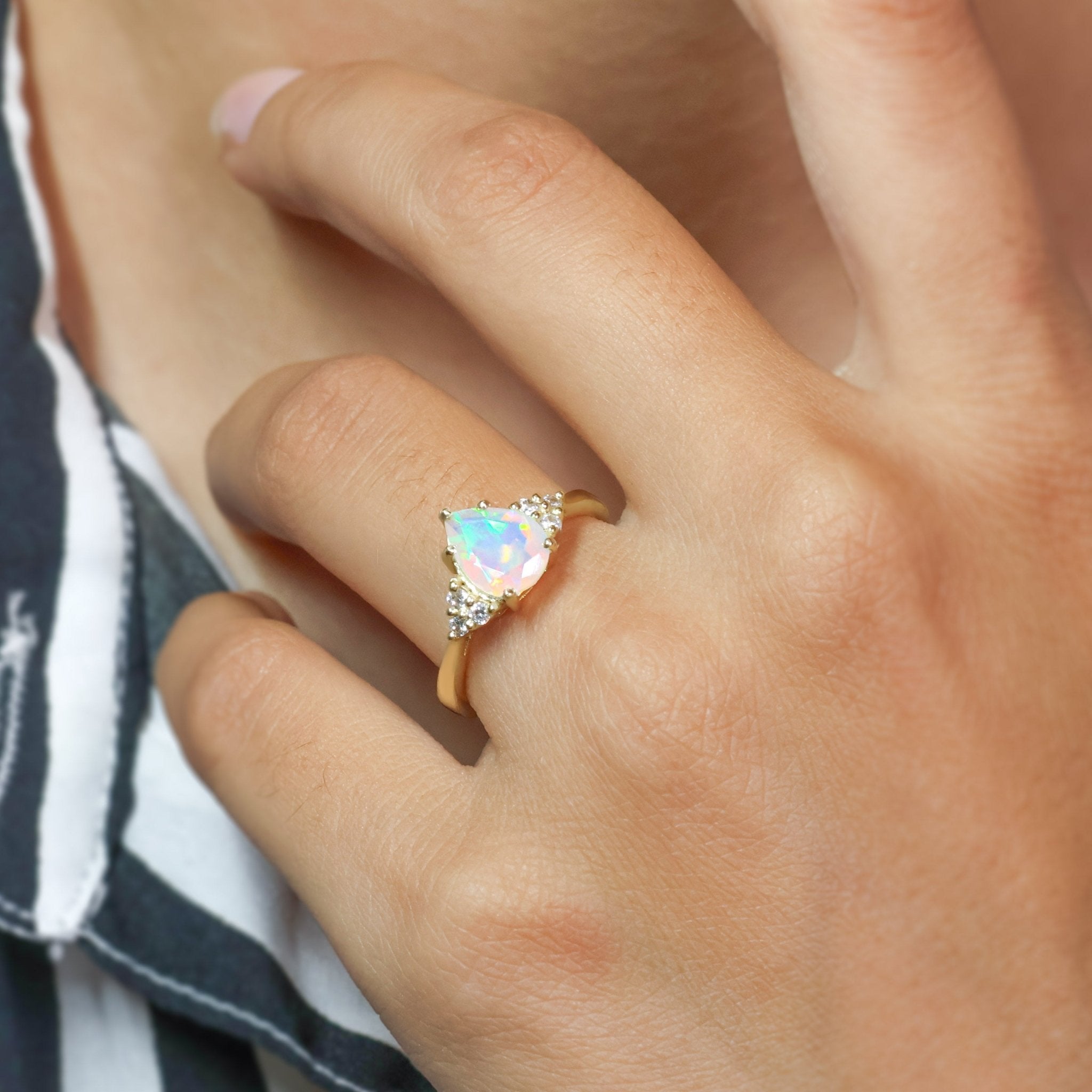 Natural White Opal Pear Shape & White Zircon Solitaire with Accents Ring - Goodstone Jewels