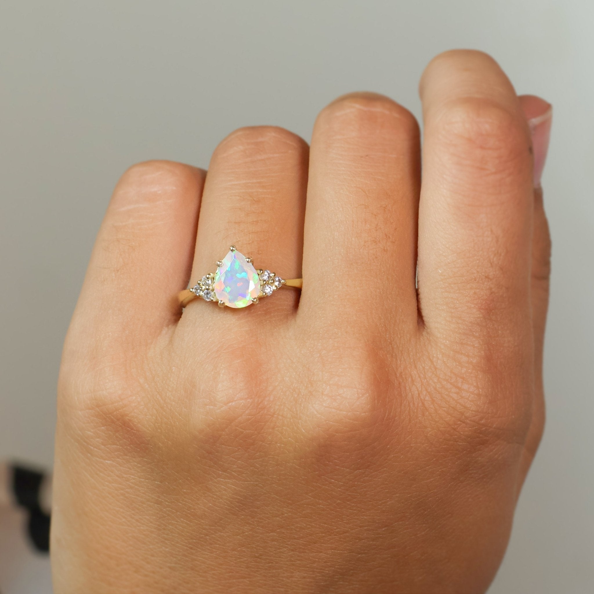 Natural White Opal Pear Shape & White Zircon Solitaire with Accents Ring - Goodstone Jewels