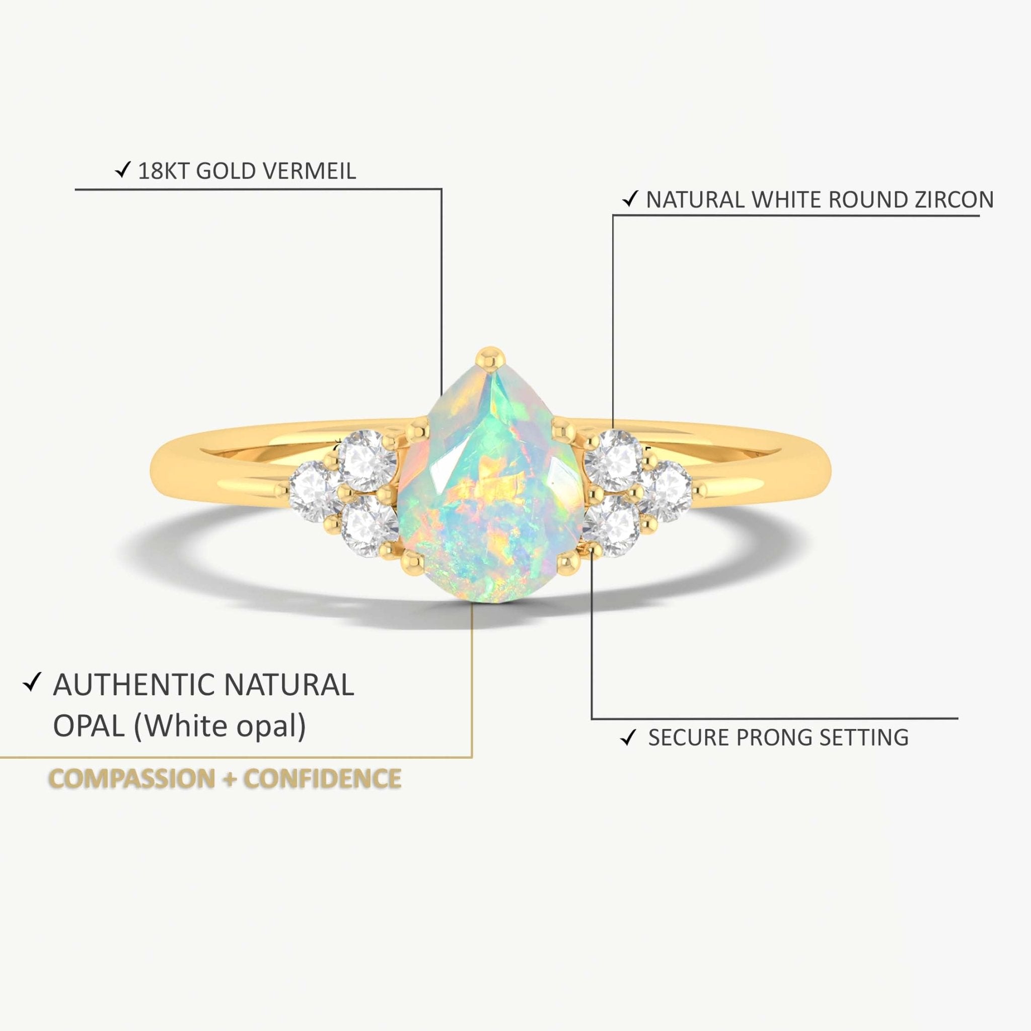 Natural White Opal Pear Shape & White Zircon Solitaire with Accents Ring - Goodstone Jewels