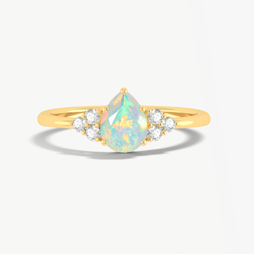 Natural White Opal Pear Shape & White Zircon Solitaire with Accents Ring