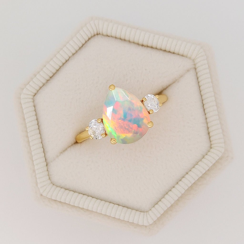 Natural White Opal Pear Shape with Zircon Three Stone Statement Ring - Goodstone Jewels