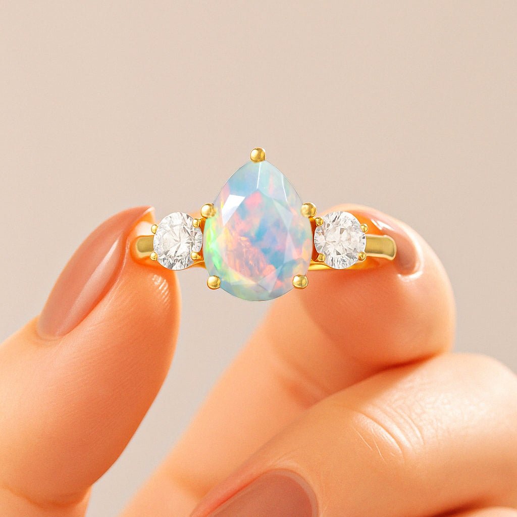 Natural White Opal Pear Shape with Zircon Three Stone Statement Ring - Goodstone Jewels