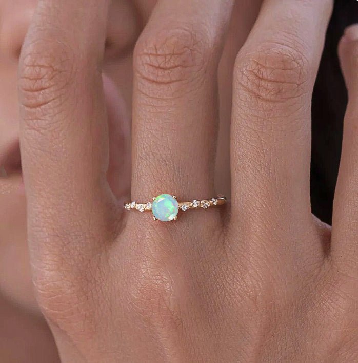 Natural White Opal ROUND STONE MINIMALIST SOLITAIRE WITH ACCENTS RING - Goodstone Jewels