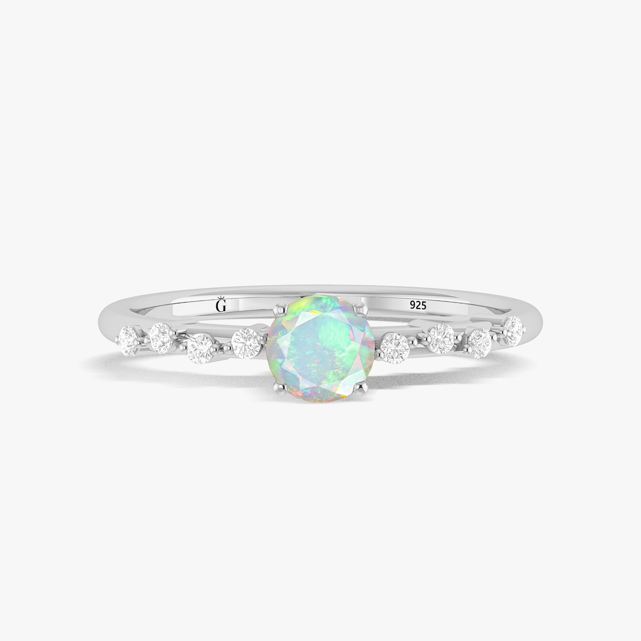 Natural White Opal ROUND STONE MINIMALIST SOLITAIRE WITH ACCENTS RING - Goodstone Jewels
