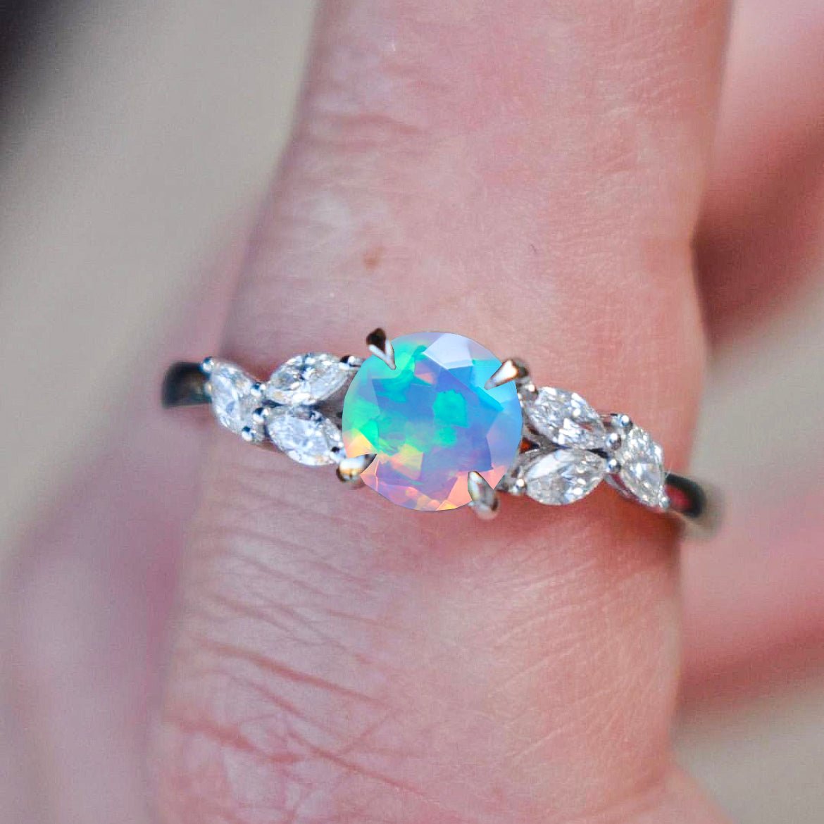 Natural White Opal Round Stone Statement Ring in Silver & Gold Filled - Goodstone Jewels