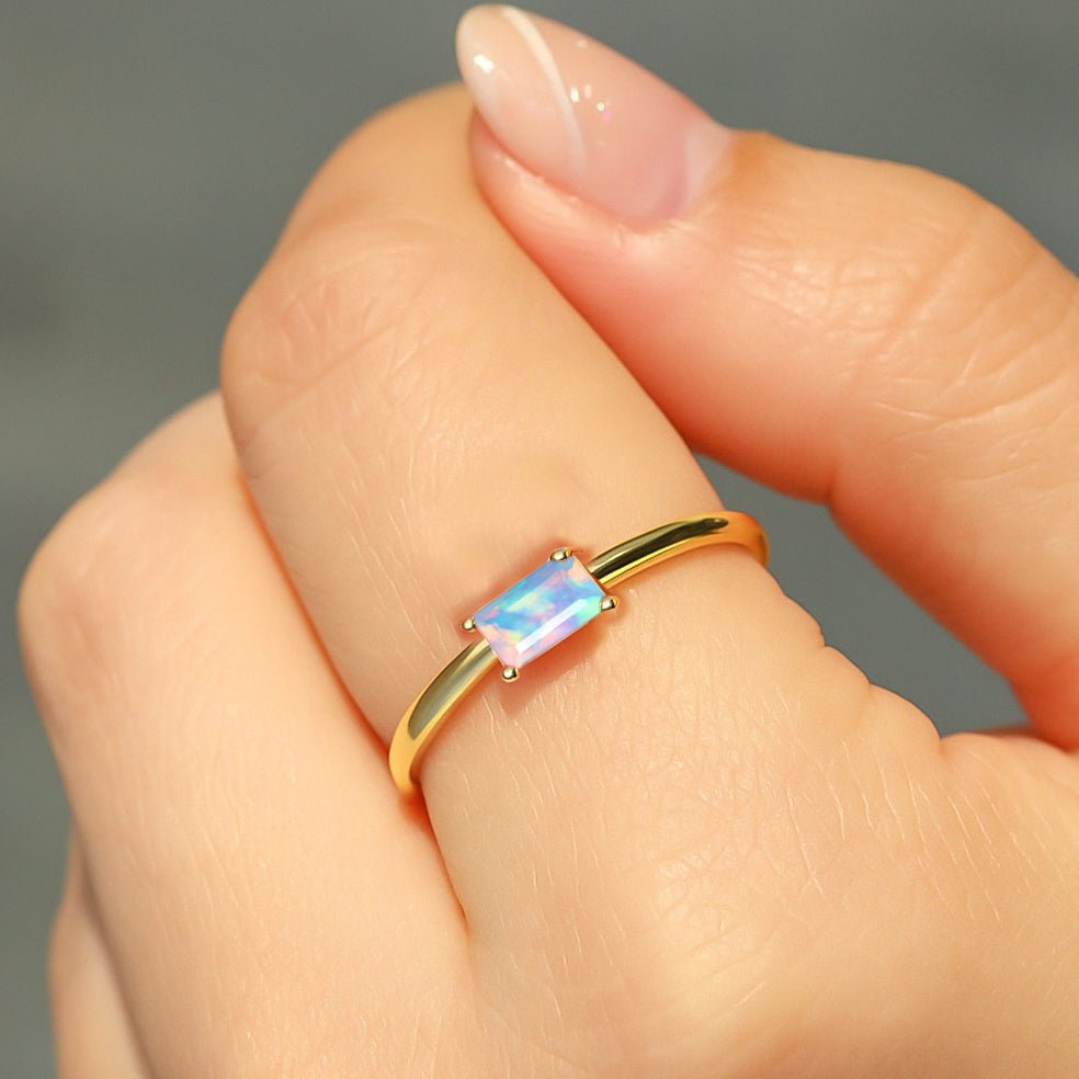Natural White Opal SINGLE BAGUETTE STONE SOLITAIRE RING - Goodstone Jewels