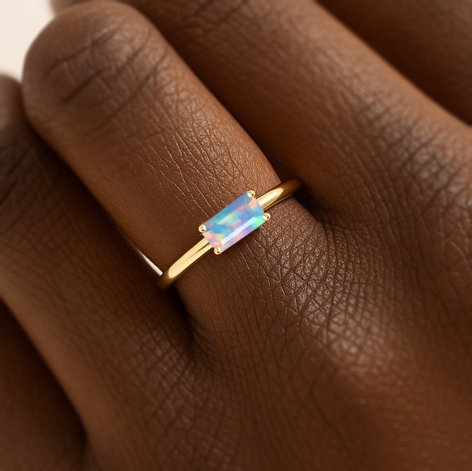 Natural White Opal SINGLE BAGUETTE STONE SOLITAIRE RING - Goodstone Jewels